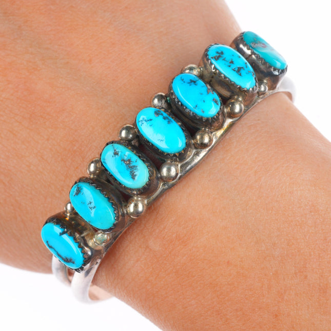 6.3" Vintage Navajo Kingman turquoise sterling silver row cuff bracelet