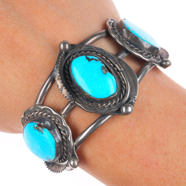 5.75" Vintage Navajo sterling silver 3 stone turquoise cuff bracelet