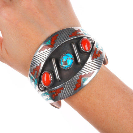 7" Tommy Singer Navajo sterling silver, turquoise/coral chip inlay cuff bracelet