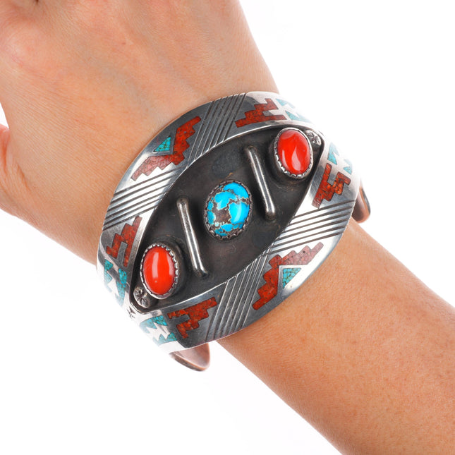7" Tommy Singer Navajo sterling silver, turquoise/coral chip inlay cuff bracelet
