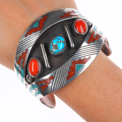 7" Tommy Singer Navajo sterling silver, turquoise/coral chip inlay cuff bracelet
