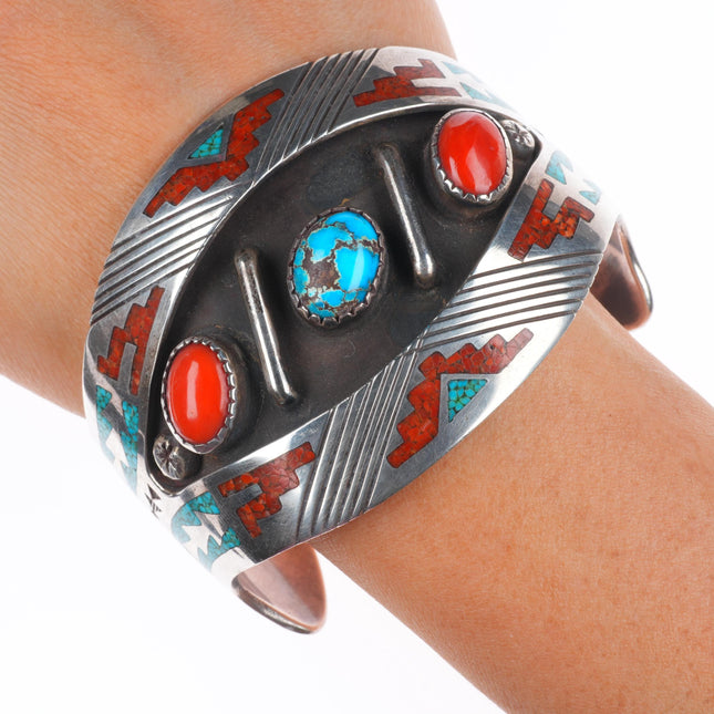 7" Tommy Singer Navajo sterling silver, turquoise/coral chip inlay cuff bracelet
