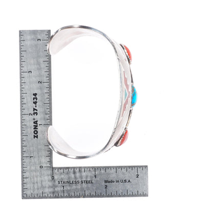 7" Tommy Singer Navajo sterling silver, turquoise/coral chip inlay cuff bracelet