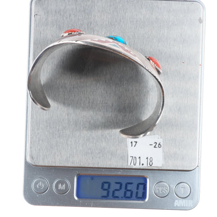 7" Tommy Singer Navajo sterling silver, turquoise/coral chip inlay cuff bracelet