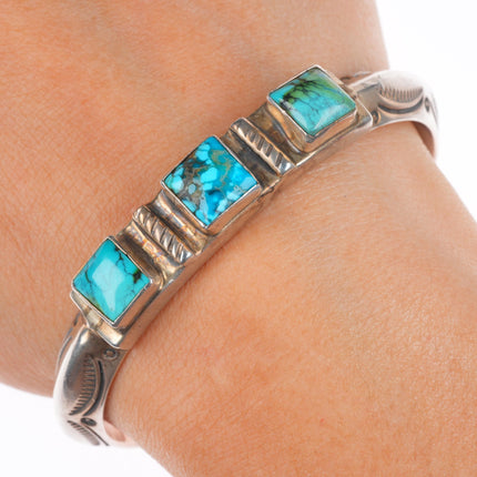 6.25" Vintage Navajo sterling silver turquoise carinated stamped cuff bracelet