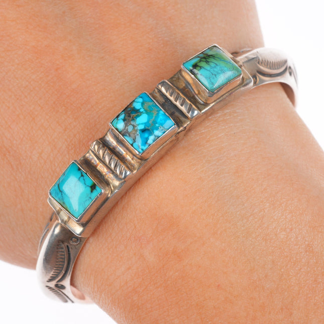6.25" Vintage Navajo sterling silver turquoise carinated stamped cuff bracelet