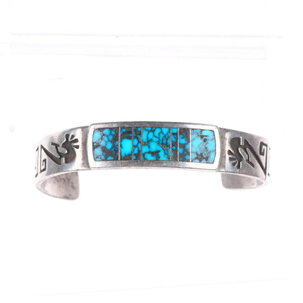 7" Ed Tsosie Navajo sterling silver Spiderweb turquoise kokopelli cuff bracelet