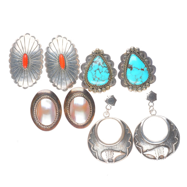 Vintage Navajo/southwest modernist sterling silver turquoise/coral earrings lot