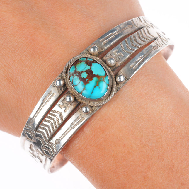 7.1" 20's-30's Vintage Navajo ingot silver whirling logs turquoise cuff bracelet