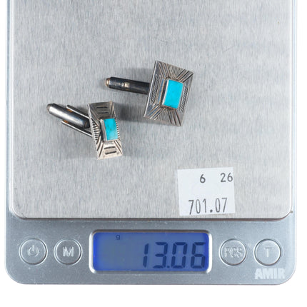 c1950's Navajo chiseled sterling silver cufflinks with nice turquoise