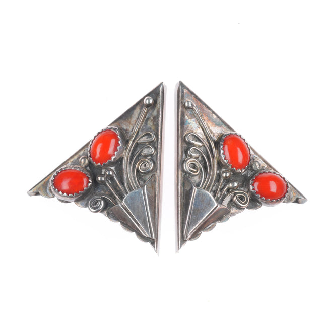 Vintage Navajo sterling silver high grade red turquoise collar tips