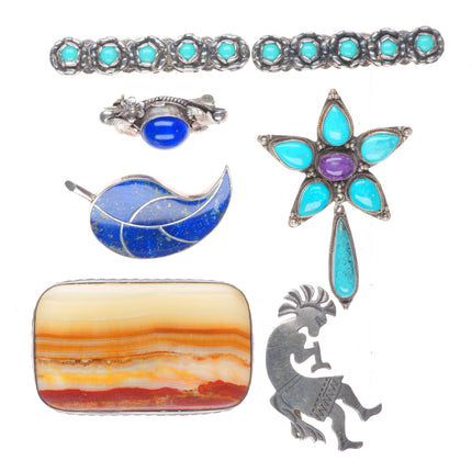 Vintage southwestern sterling silver, turquoise, picture jasper pin/brooch lot