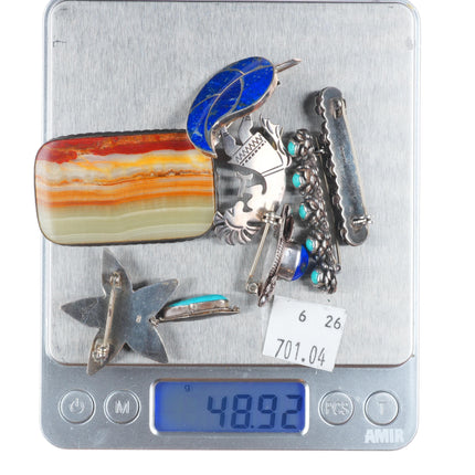 Vintage southwestern sterling silver, turquoise, picture jasper pin/brooch lot