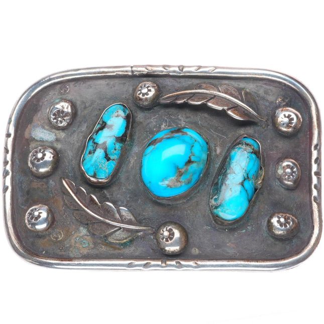Vintage Navajo sterling silver 3 stone turquoise featherwork belt buckle