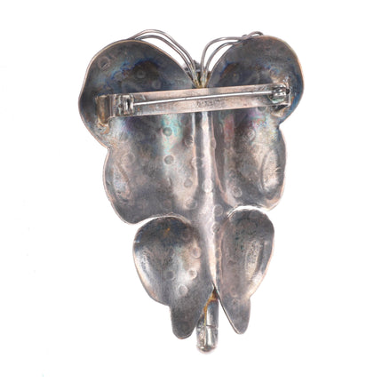 1930's Navajo large sterling silver hand stamped butterfly turquoise pin/brooch
