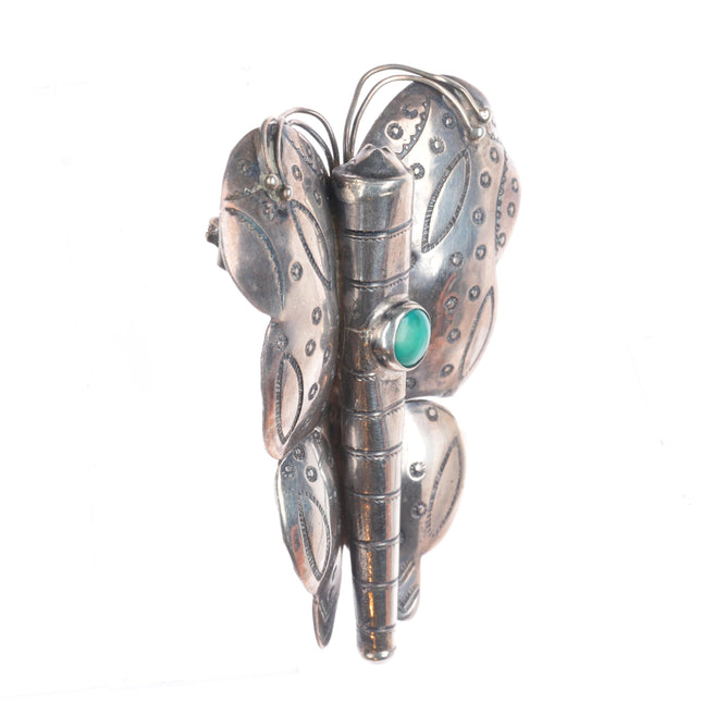 1930's Navajo large sterling silver hand stamped butterfly turquoise pin/brooch