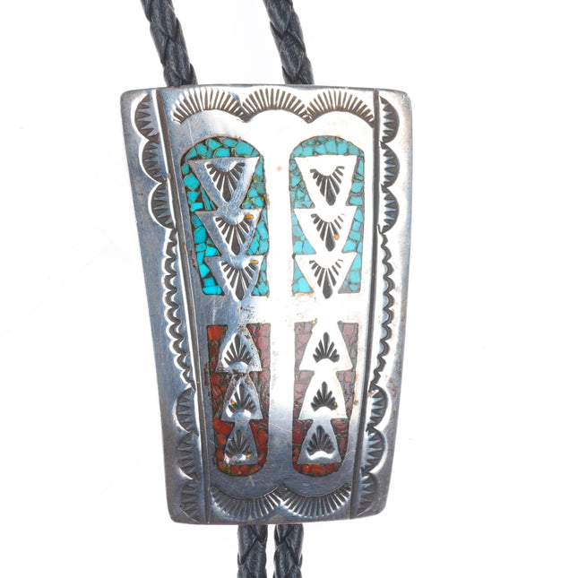 Vintage Navajo sterling silver turquoise/coral chip inlay bolo tie