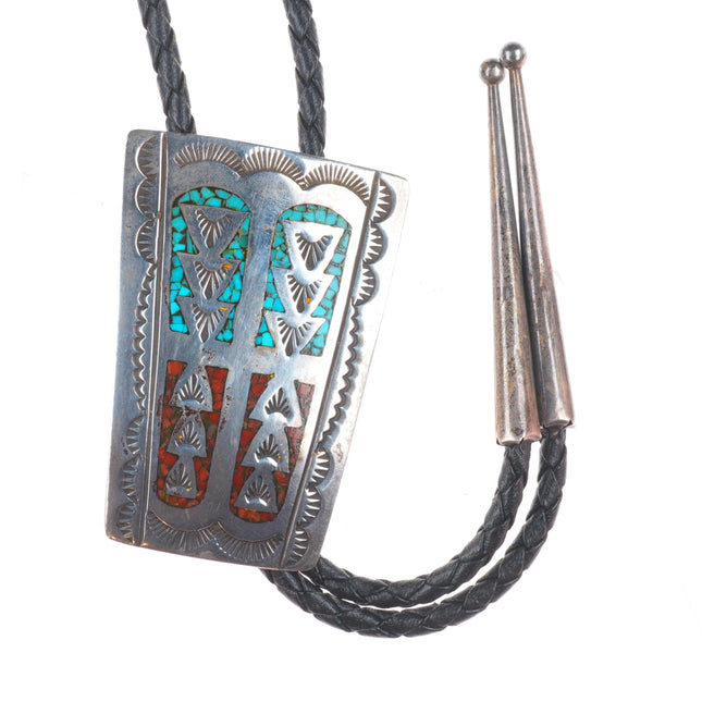 Vintage Navajo sterling silver turquoise/coral chip inlay bolo tie