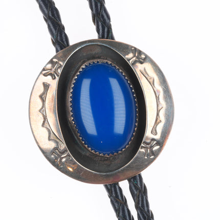 Vintage Navajo MG sterling silver blue jasper shadowbox bolo tie