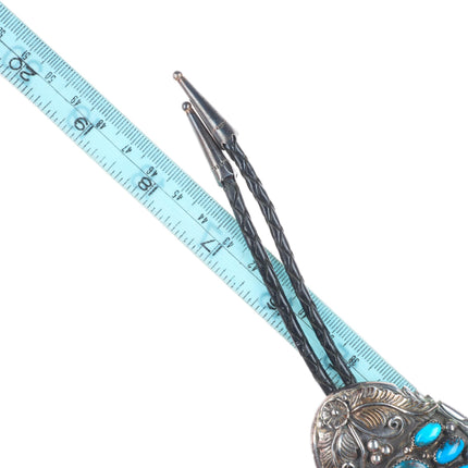 Vintage Navajo sterling silver Bisbee turquoise cluster bolo tie