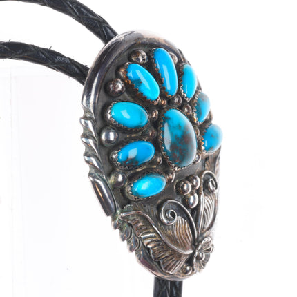 Vintage Navajo sterling silver Bisbee turquoise cluster bolo tie