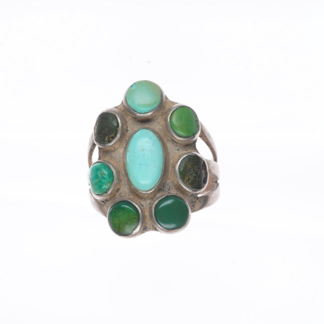 sz7 20's-30's vintage Navajo ingot silver green turquoise cluster ring