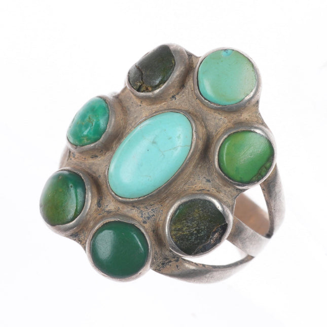 sz7 20's-30's vintage Navajo ingot silver green turquoise cluster ring