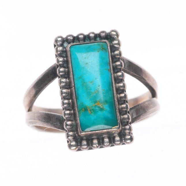 sz7.5 Blue Gem Turquoise Vintage Navajo sterling silver beaded bezel ring