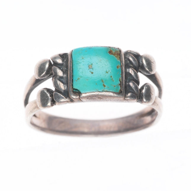 sz8 Antique Navajo ingot silver square turquoise ring beaded accents