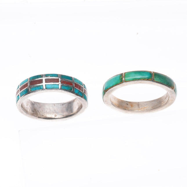 sz6.75 c1940's Vintage Zuni sterling silver turquoise/coral inlay band rings