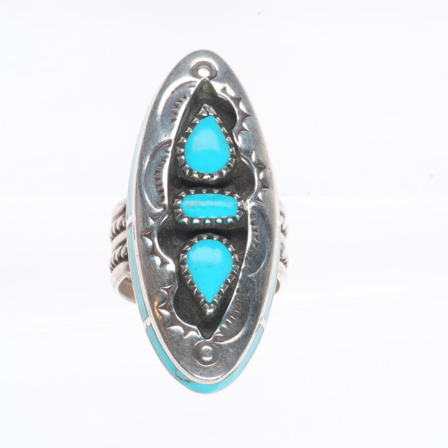 sz6.5 Vintage Navajo sterling silver side inlay turquoise 3 stone ring