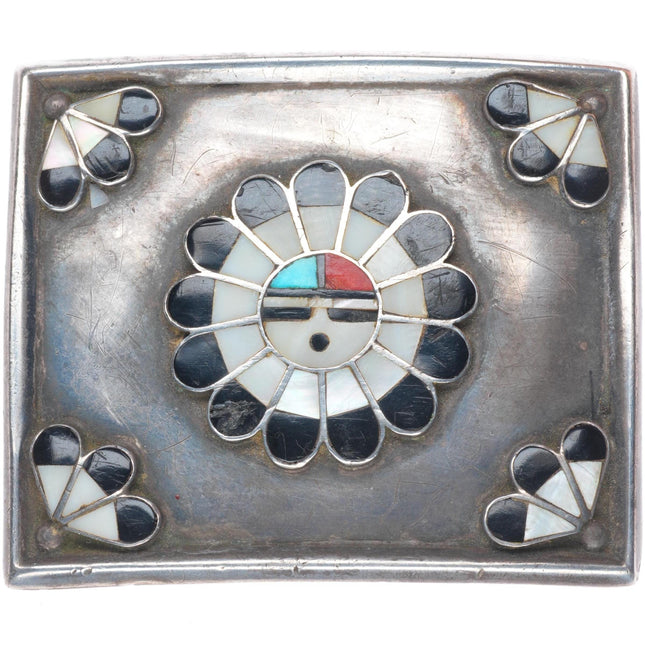 Vintage Zuni sterling silver inlaid sunface shell/coral/turquoise belt buckle
