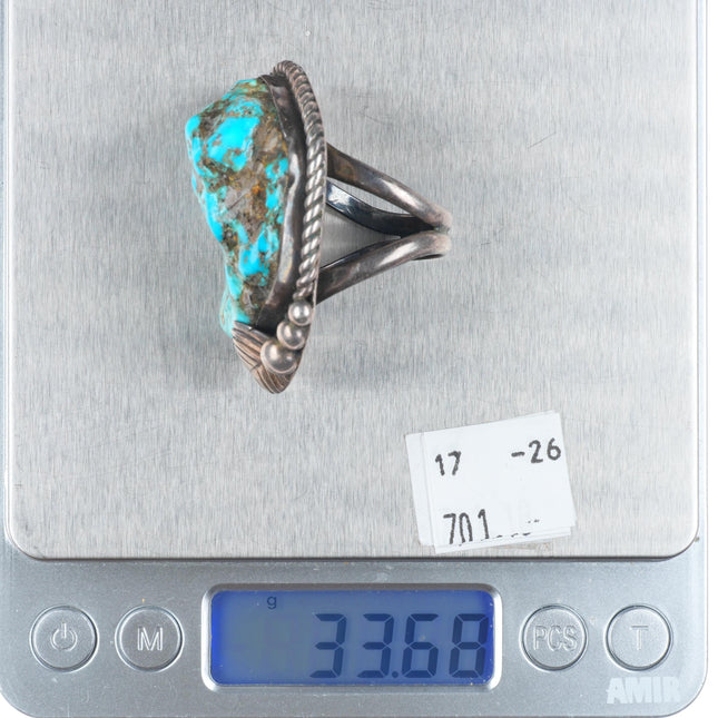 sz11 Huge vintage Navajo sterling silver men's ring with nice turquoise nugget
