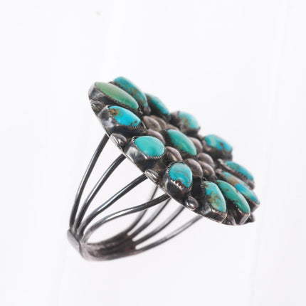 sz11 c1930 Big vintage Zuni high grade turquoise cluster sterling silver ring