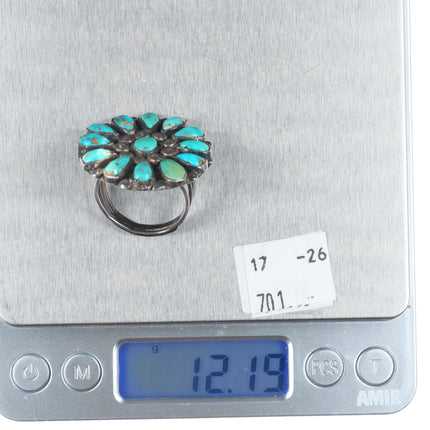 sz11 c1930 Big vintage Zuni high grade turquoise cluster sterling silver ring