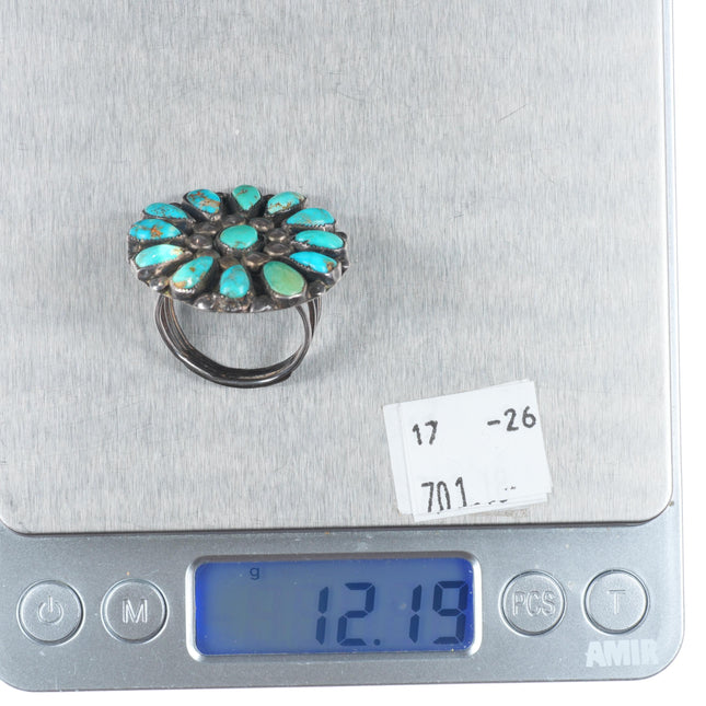 sz11 c1930 Big vintage Zuni high grade turquoise cluster sterling silver ring