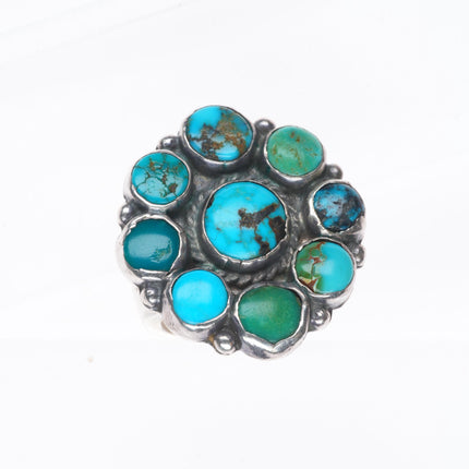 sz6 c1930 Big vintage Zuni sterling silver cluster ring with nice turquoise