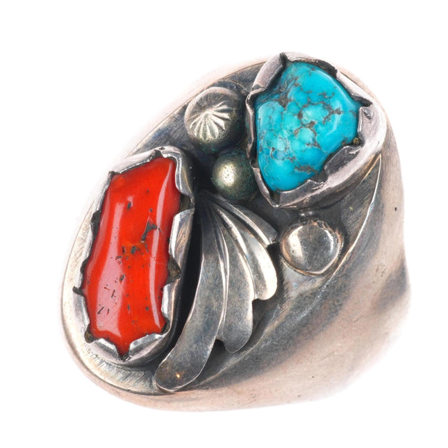 sz10 Vintage Zuni sterling silver turquoise/coral feather/leaf men's ring