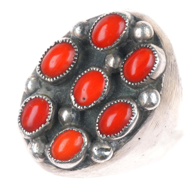 sz11 Big vintage Navajo sterling silver men's ring red coral cluster