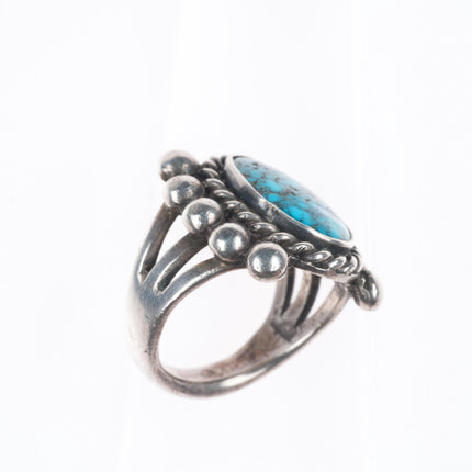 sz8.5 Antique Navajo Lone Mountain turquoise ingot silver beaded accent ring