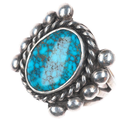 sz8.5 Antique Navajo Lone Mountain turquoise ingot silver beaded accent ring