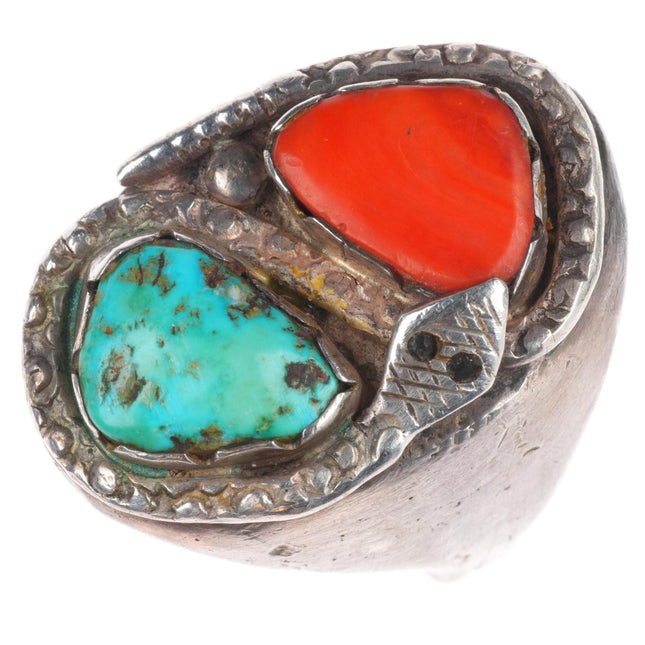 sz12.5 Huge vintage Zuni sterling silver snake men's ring with turquoise/coral