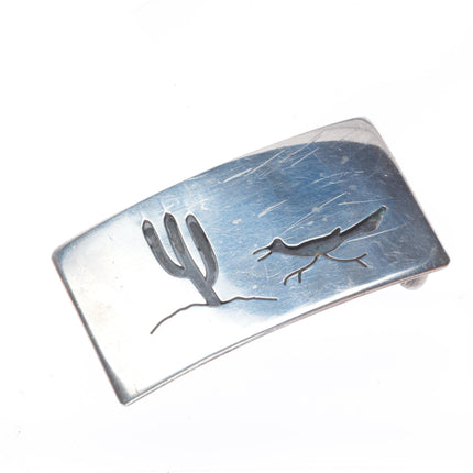 Vintage Navajo Overlay Roadrunner/Saguaro cactus belt buckle sterling silver