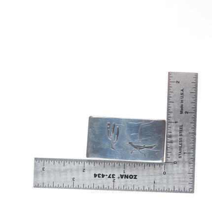 Vintage Navajo Overlay Roadrunner/Saguaro cactus belt buckle sterling silver