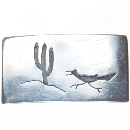 Vintage Navajo Overlay Roadrunner/Saguaro cactus belt buckle sterling silver