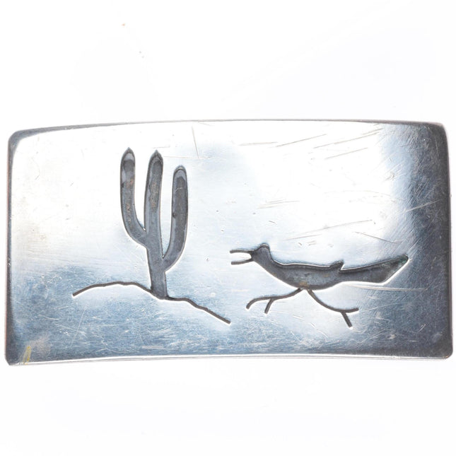 Vintage Navajo Overlay Roadrunner/Saguaro cactus belt buckle sterling silver