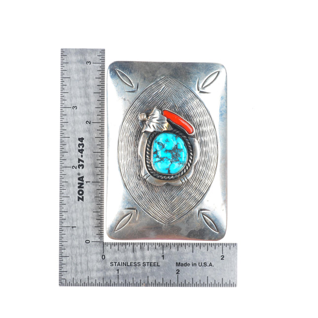 Roy Vandever Navajo sterling silver, turquoise, coral belt buckle