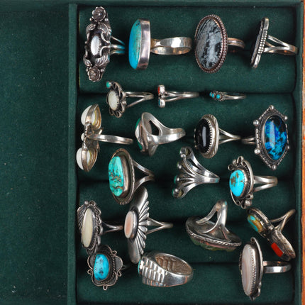 sz4-12 Southwestern/Navajo sterling silver turquoise/coral/shell rings lot