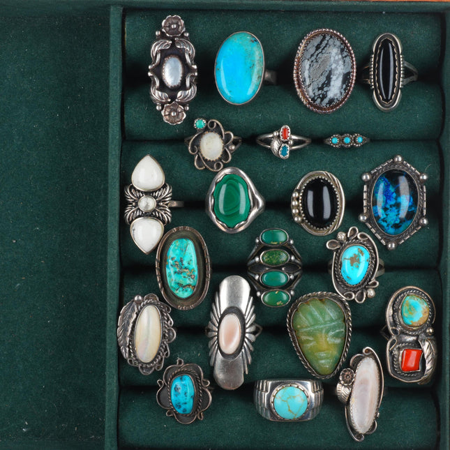 sz4-12 Southwestern/Navajo sterling silver turquoise/coral/shell rings lot