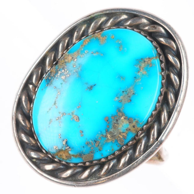 sz11 Vintage high grade turquoise rope bezel sterling silver Navajo ring